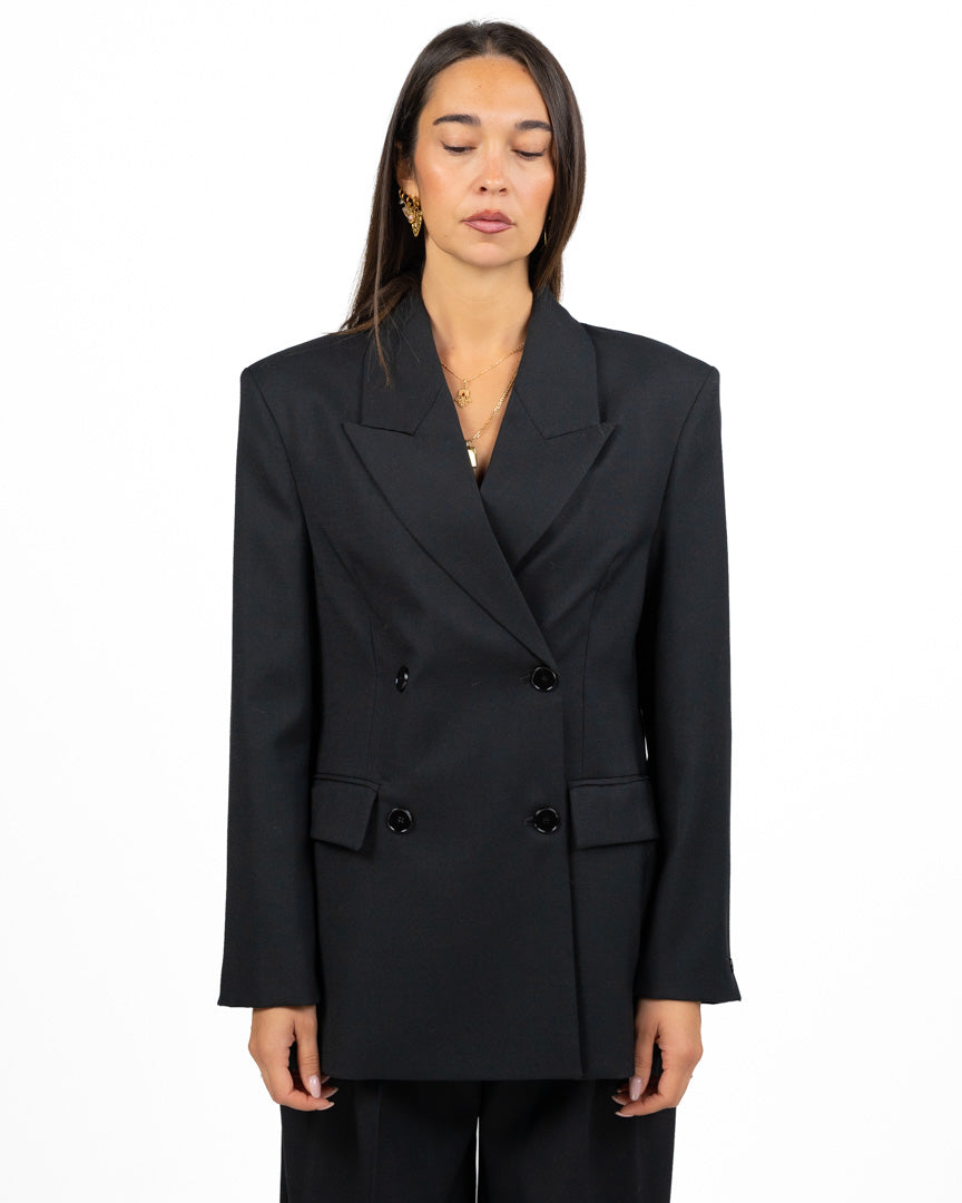 Completo Tailleur Nero Sartoriale con Blazer Sciancrato sul Retro e Pantalone Palazzo - Vicolo
