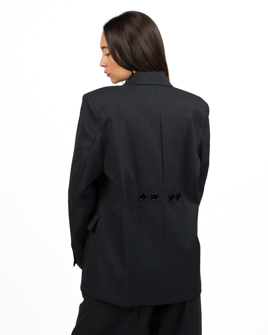 Completo Tailleur Nero Sartoriale con Blazer Sciancrato sul Retro e Pantalone Palazzo - Vicolo