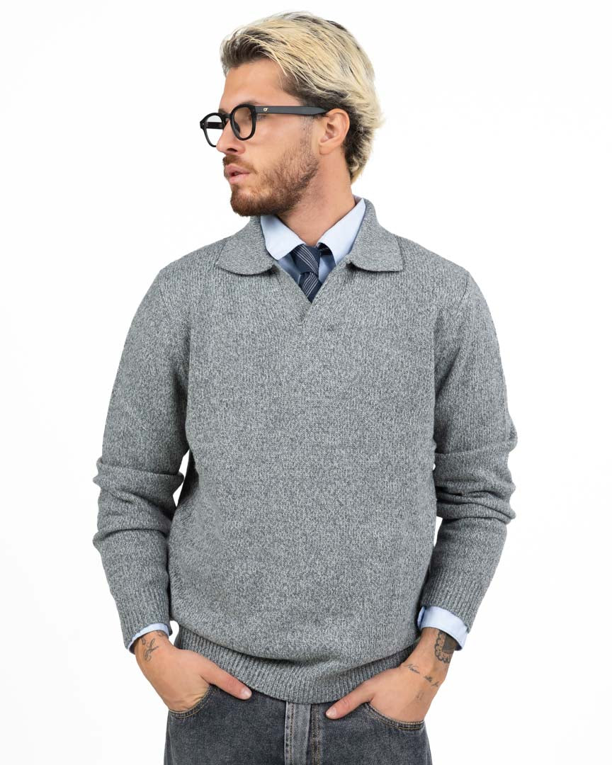 Maglione in Maglia con Colletto da Polo Grigio Melange - Antony Morato