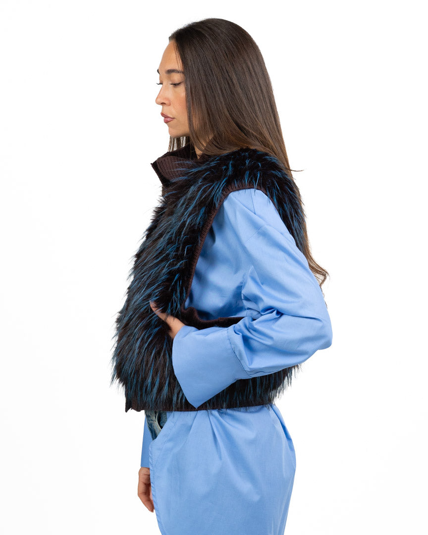 Gilet Smanicato in Eco-Pelliccia Bicolore con Bordo in Maglia - Souvenir