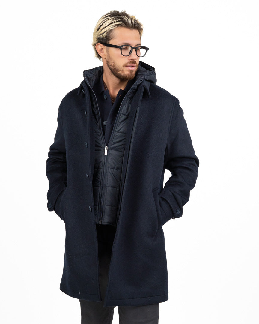 Cappotto Modulare 2-in-1 in Lana con Pettorina Imbottita e Cappuccio blu navy - At.p.co