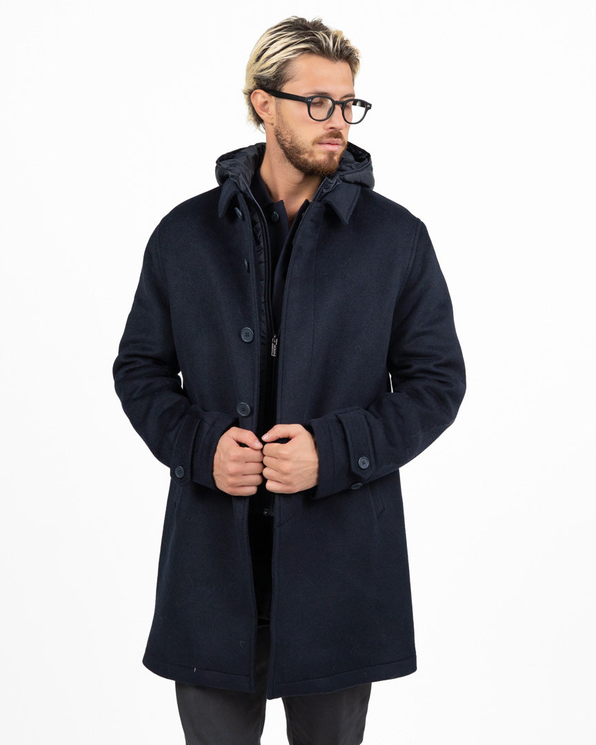 Cappotto Modulare 2-in-1 in Lana con Pettorina Imbottita e Cappuccio blu navy - At.p.co