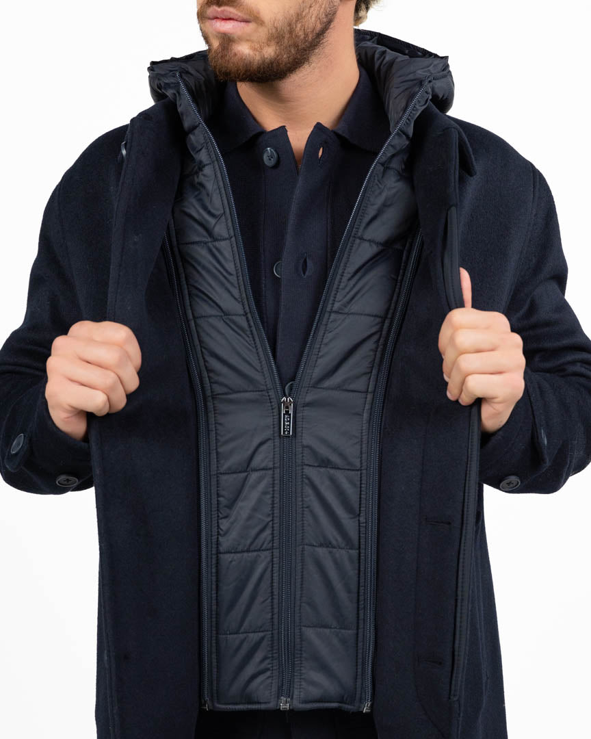 Cappotto Modulare 2-in-1 in Lana con Pettorina Imbottita e Cappuccio blu navy - At.p.co