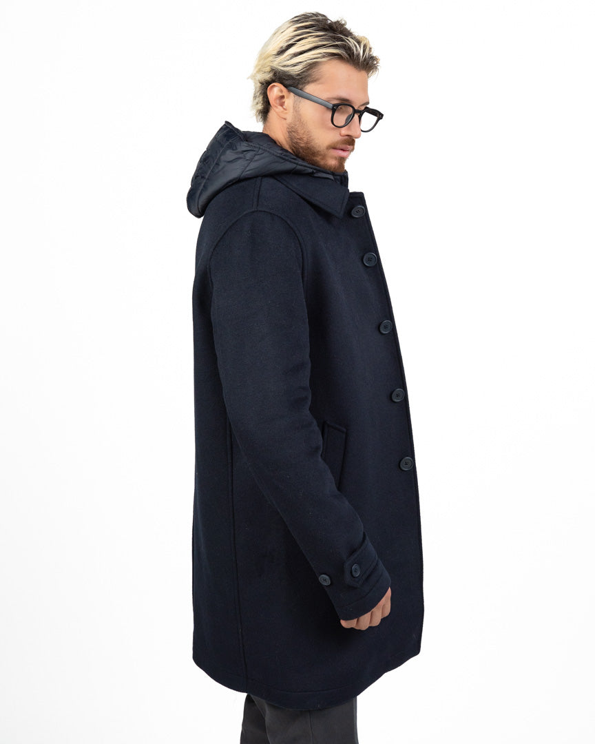 Cappotto Modulare 2-in-1 in Lana con Pettorina Imbottita e Cappuccio blu navy - At.p.co