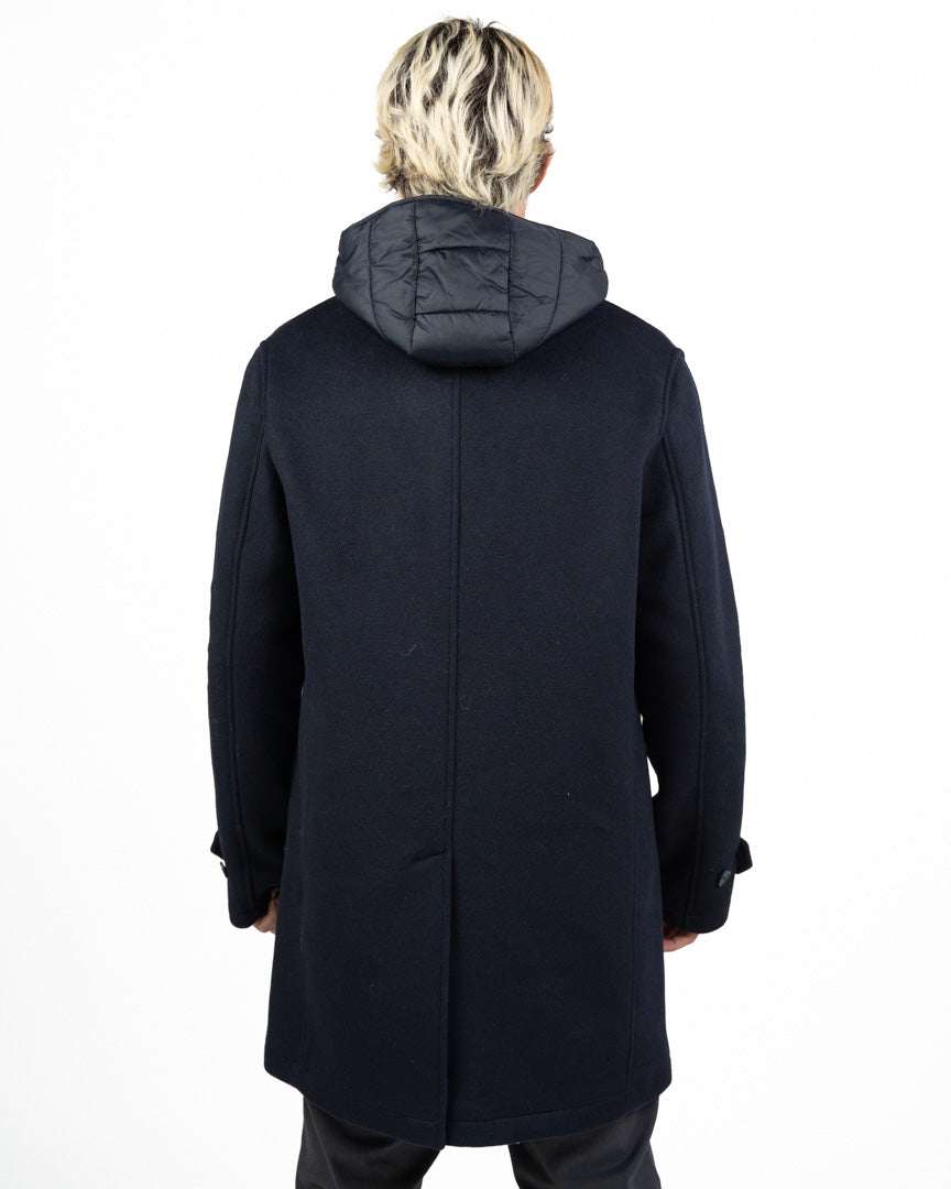 Cappotto Modulare 2-in-1 in Lana con Pettorina Imbottita e Cappuccio blu navy - At.p.co