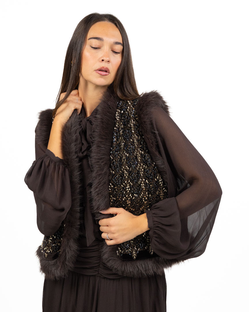 Gilet Corto Gioiello in Ecopelliccia con Ricami di Paillettes - Souvenir