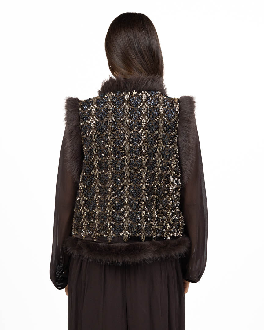 Gilet Corto Gioiello in Ecopelliccia con Ricami di Paillettes - Souvenir