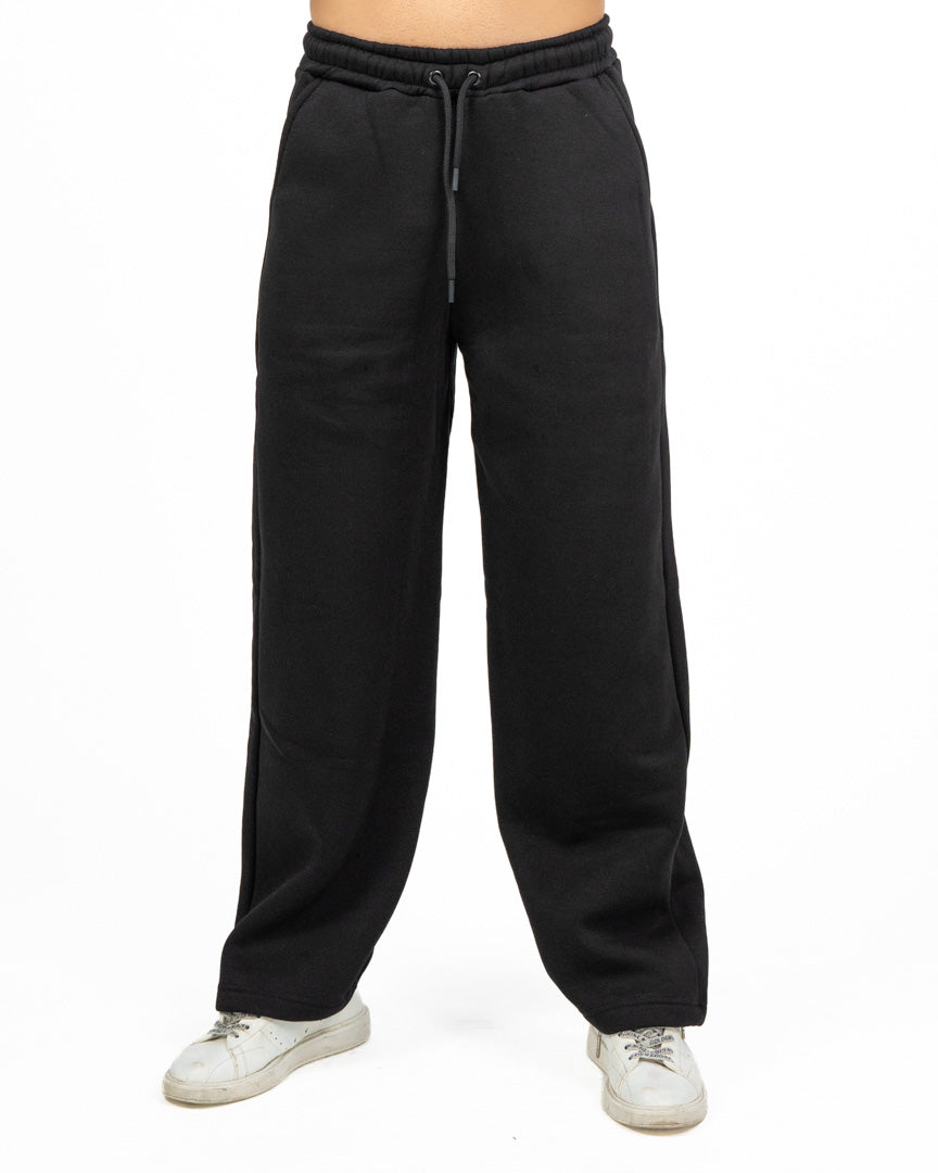 Pantalone Jogger Wide Leg in Felpa Tinta Unita Nero - Berna