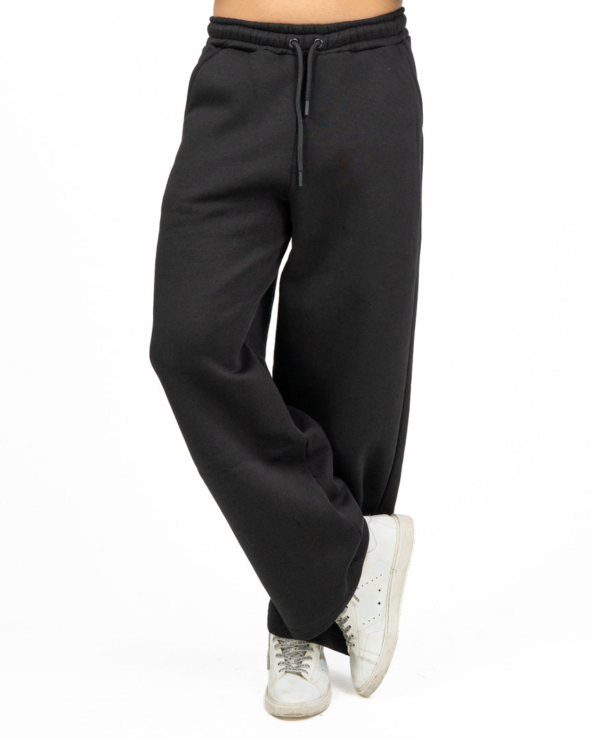 Pantalone Jogger Wide Leg in Felpa Tinta Unita Nero - Berna