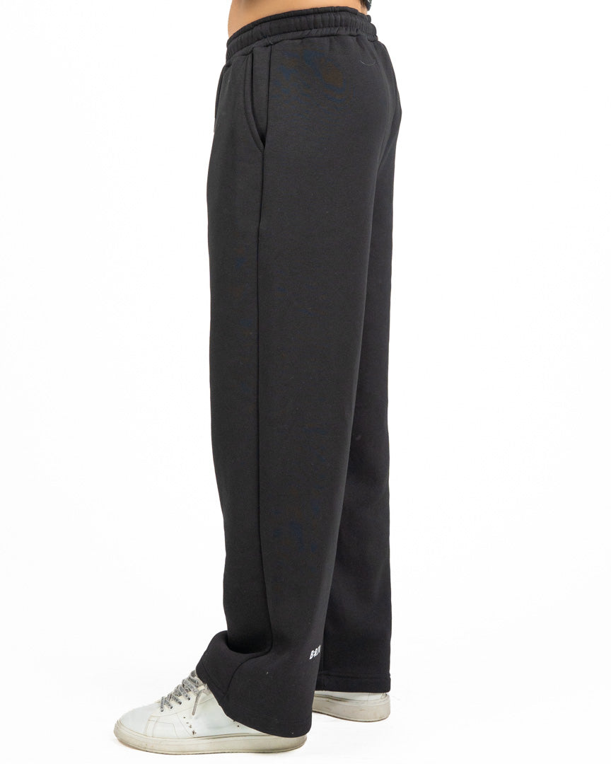 Pantalone Jogger Wide Leg in Felpa Tinta Unita Nero - Berna