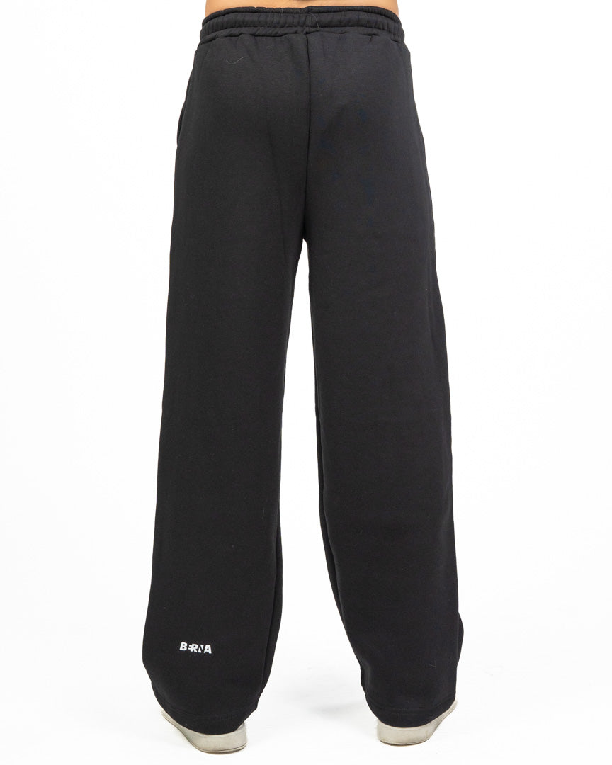 Pantalone Jogger Wide Leg in Felpa Tinta Unita Nero - Berna