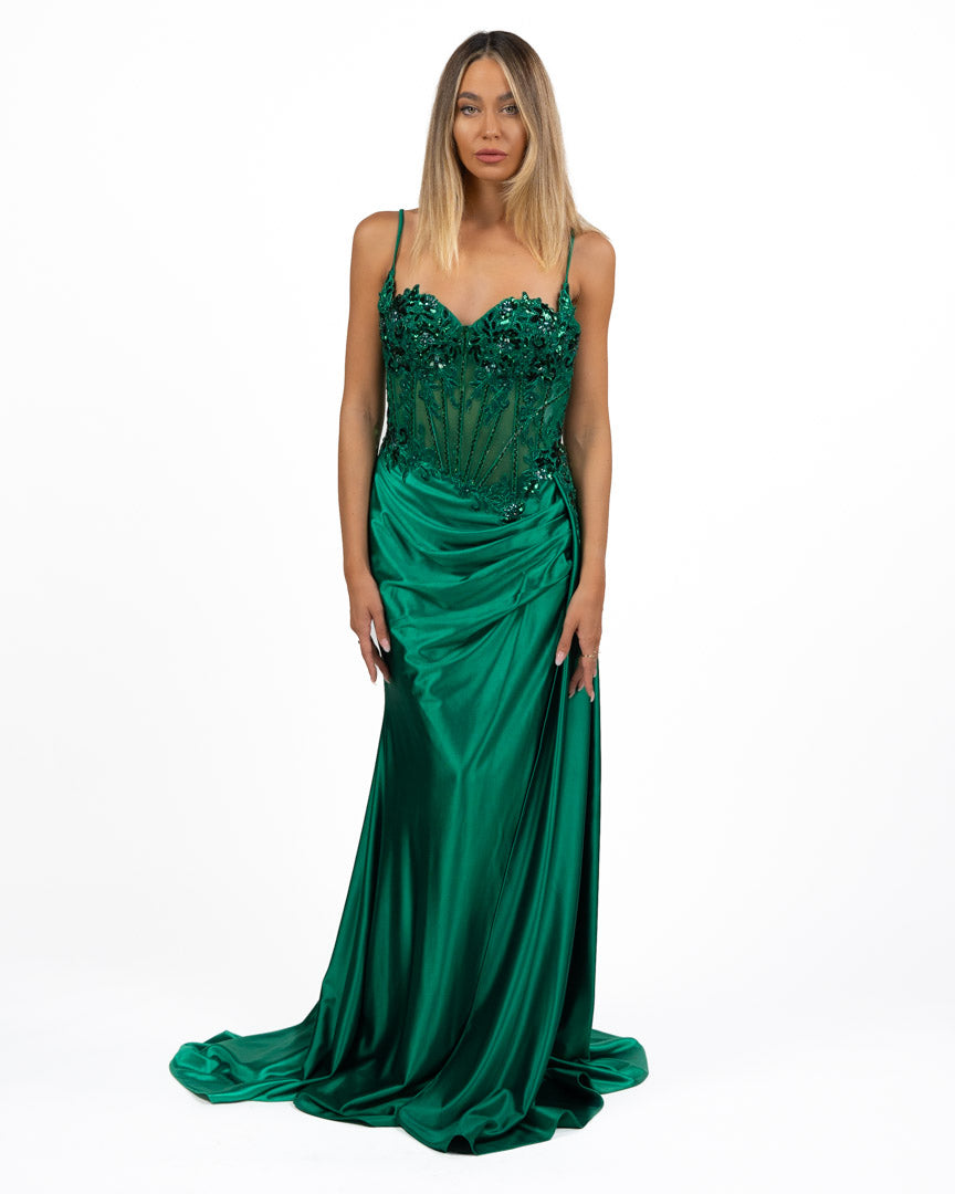 Abito Lungo Verde Smeraldo con Bustier Ricamato - Dea Fea