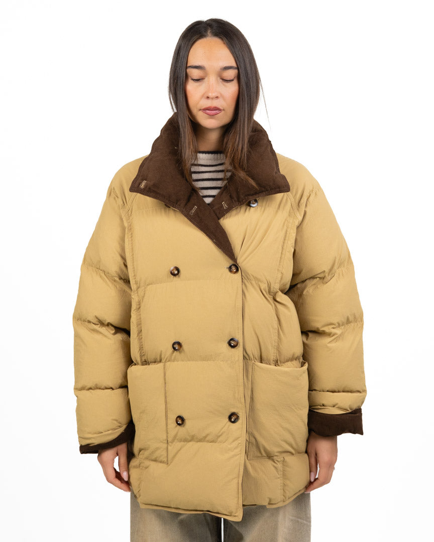 Piumino Oversize Sabbia/Cammello in Stile Caban con Dettagli in Velluto - EleH