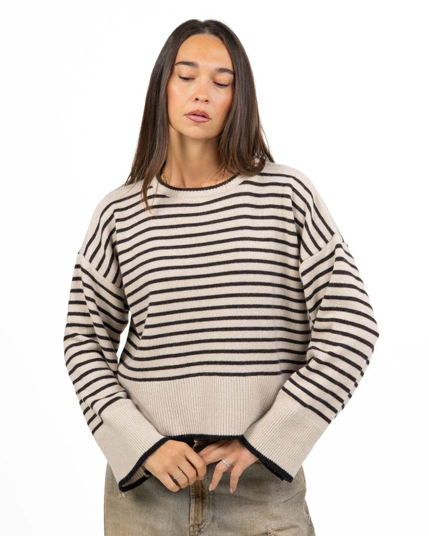 Maglione Girocollo Oversize a Righe Bicolore con Polsi Ampio Risvolto - Souvenir