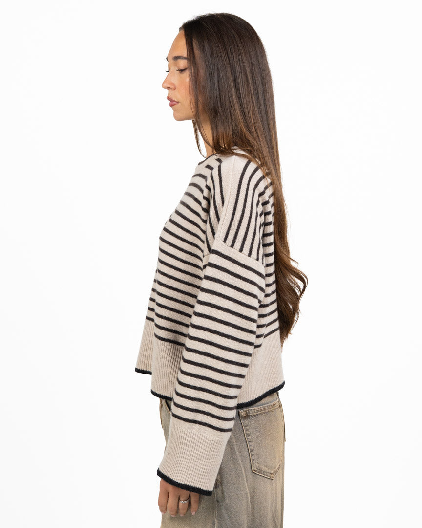 Maglione Girocollo Oversize a Righe Bicolore con Polsi Ampio Risvolto - Souvenir