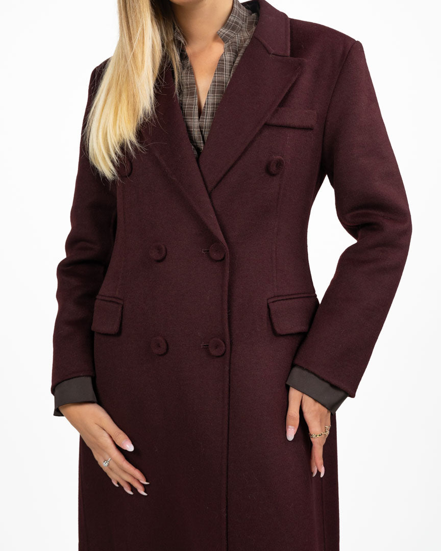 Cappotto Lungo Doppio Petto in Misto Lana Color Borgogna - Vicolo