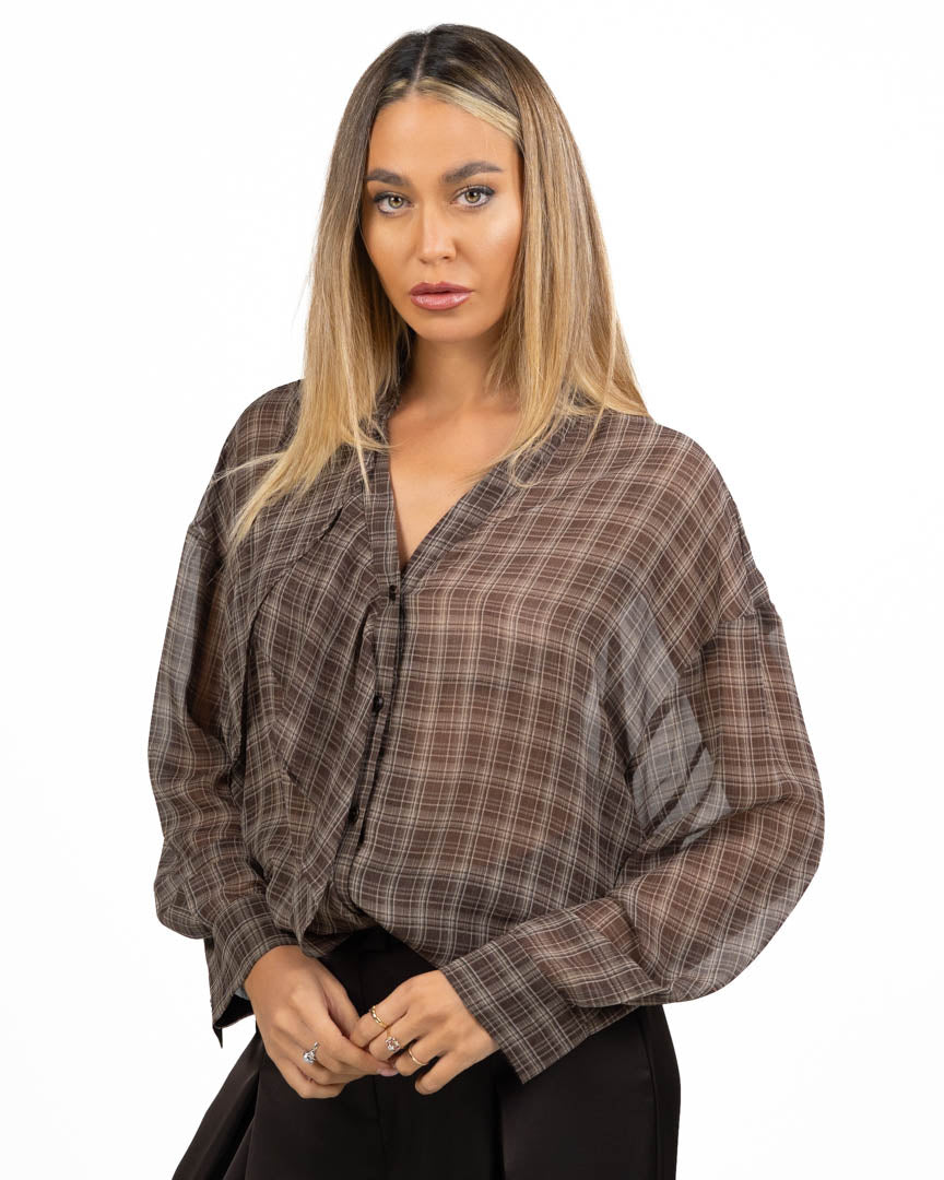 Camicia Semitrasparente a Quadri con Volant Frontale - Eleh