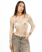 Maglia Semitrasparente in Tulle Tinta Nude con Ricami Florenti e Strass - Have One