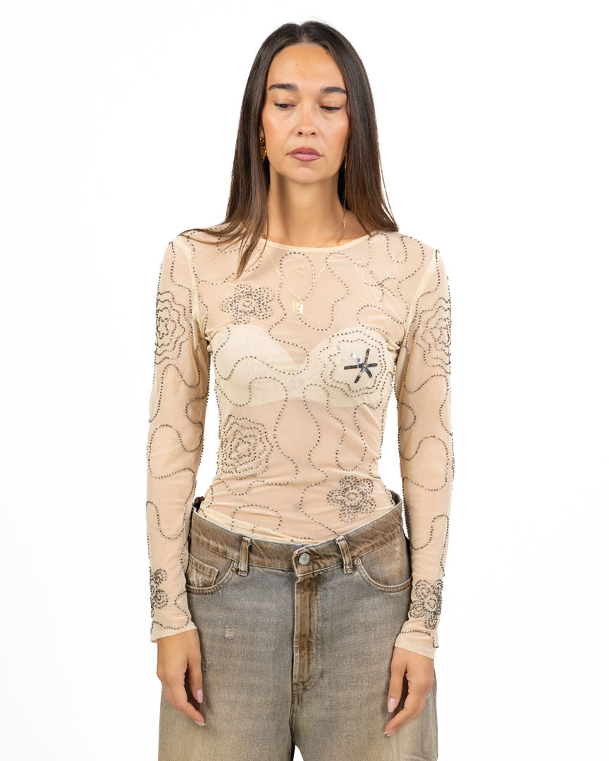 Maglia Semitrasparente in Tulle Tinta Nude con Ricami Florenti e Strass - Have One