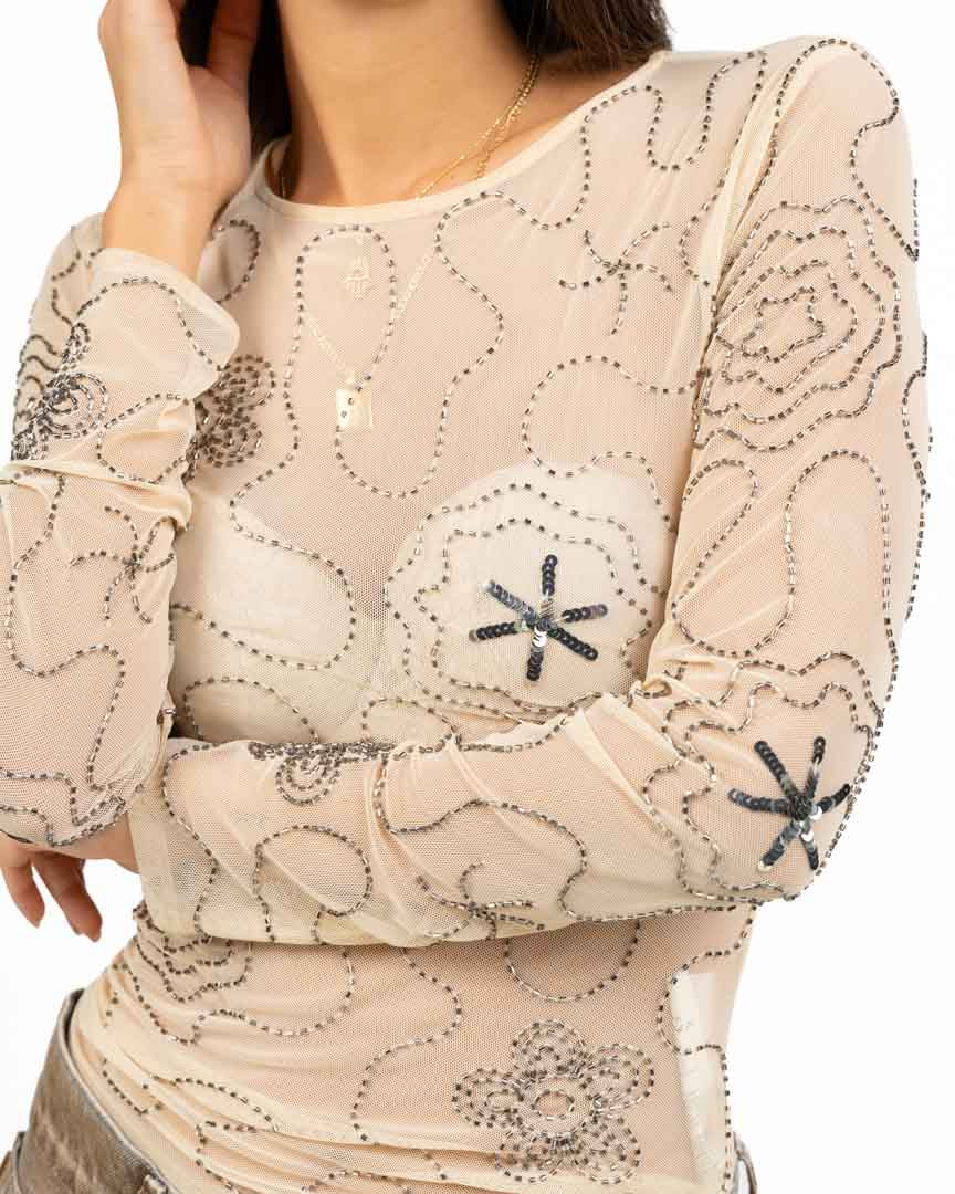 Maglia Semitrasparente in Tulle Tinta Nude con Ricami Florenti e Strass - Have One