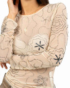 Maglia Semitrasparente in Tulle Tinta Nude con Ricami Florenti e Strass - Have One