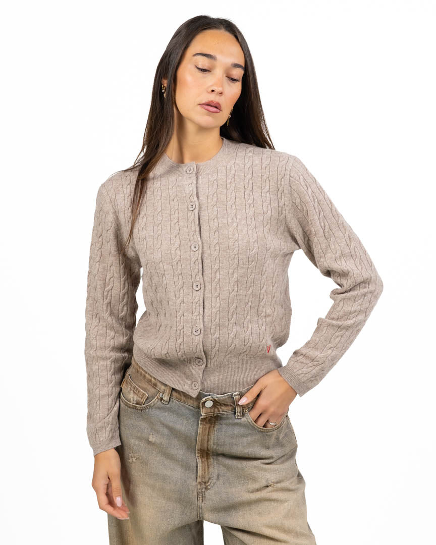 Cardigan Girocollo a Trecce in Maglia Morbida con Logo "V" - Vicolo