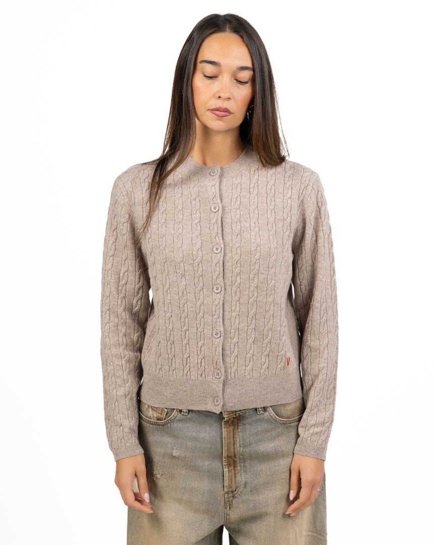 Cardigan Girocollo a Trecce in Maglia Morbida con Logo "V" - Vicolo