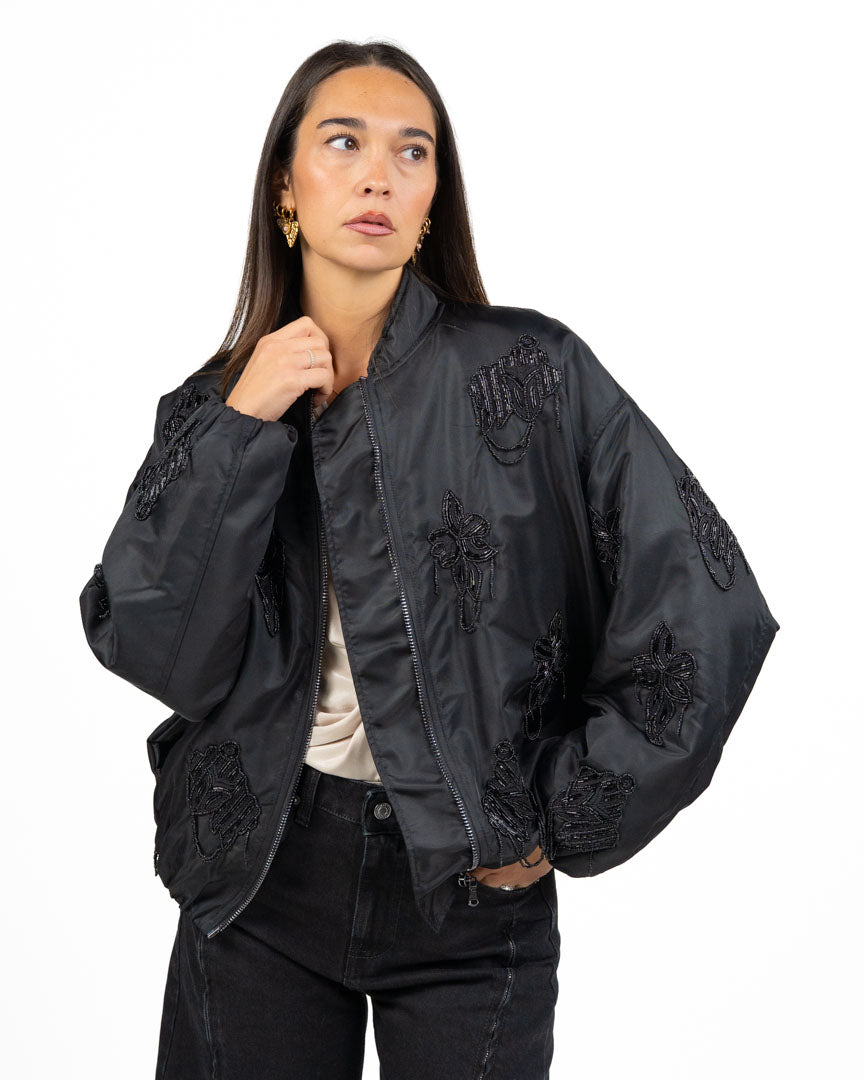 Giubbino Bomber Oversize in Nylon Satinato con Ricami di Perline - Souvenir