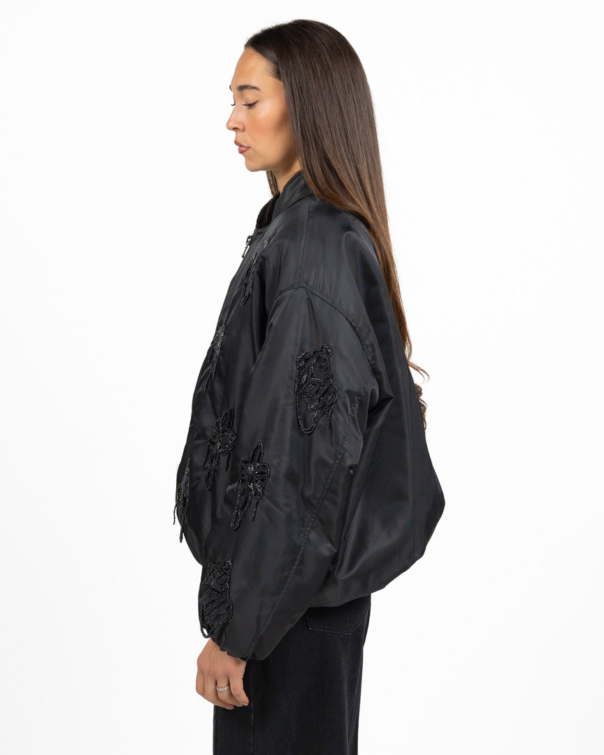 Giubbino Bomber Oversize in Nylon Satinato con Ricami di Perline - Souvenir