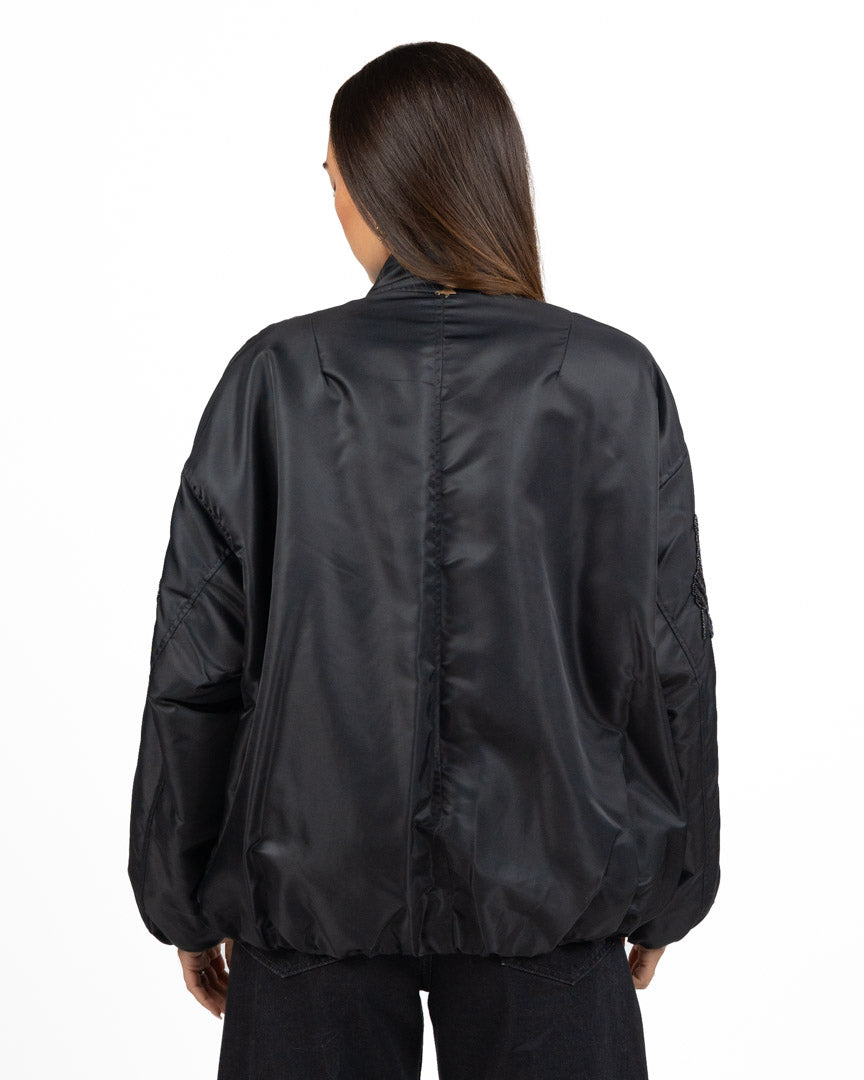 Giubbino Bomber Oversize in Nylon Satinato con Ricami di Perline - Souvenir