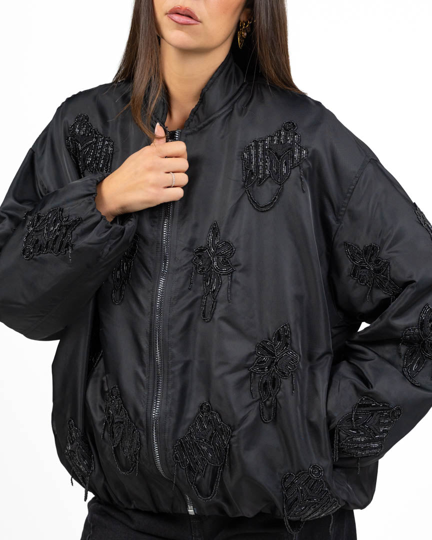 Giubbino Bomber Oversize in Nylon Satinato con Ricami di Perline - Souvenir
