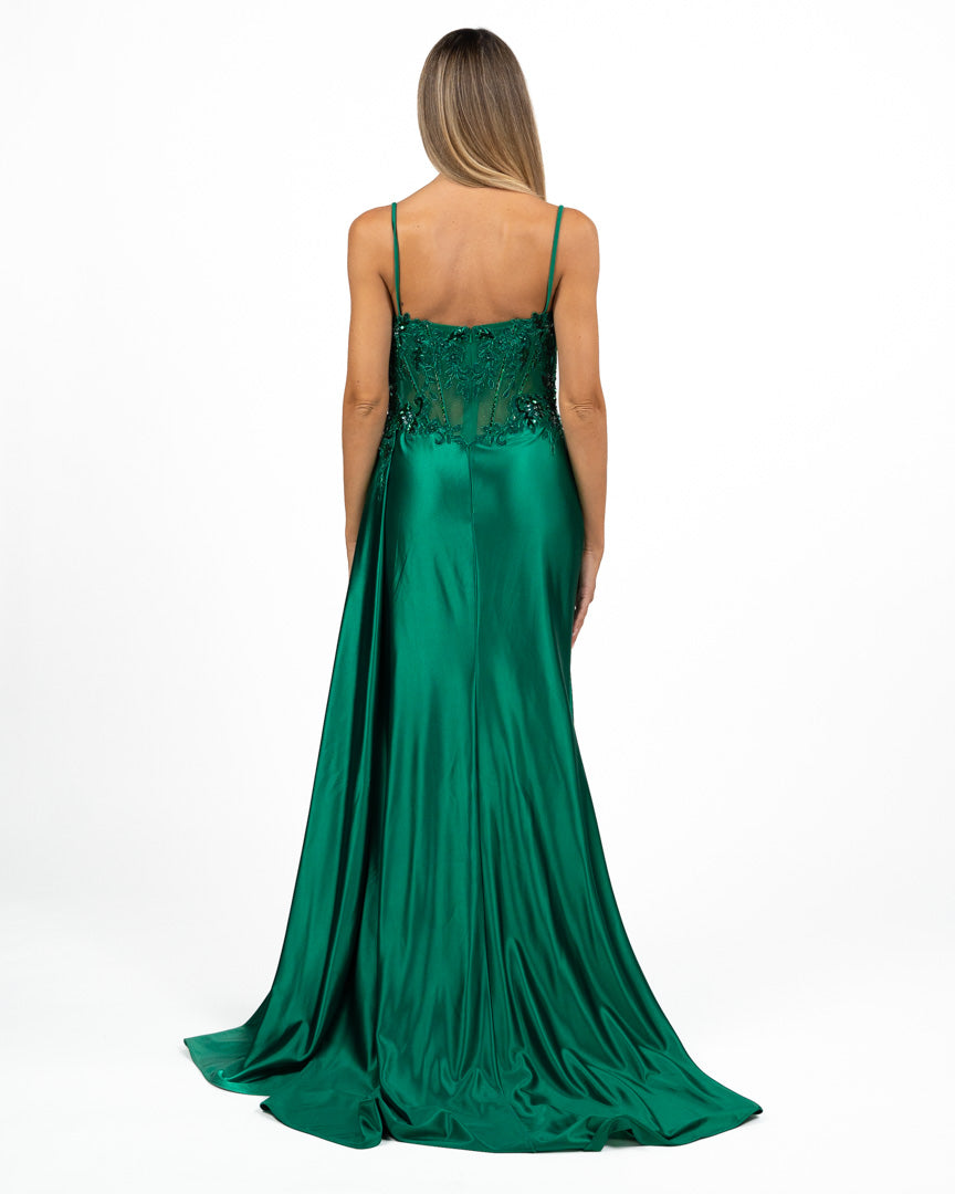 Abito Lungo Verde Smeraldo con Bustier Ricamato - Dea Fea