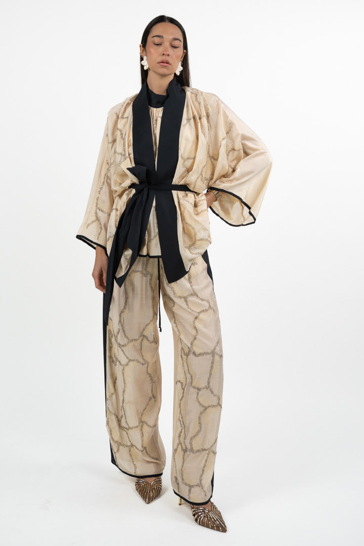 Pantalone Palazzo con Ricami e Banda Laterale – Champagne/Nero - Souvenir
