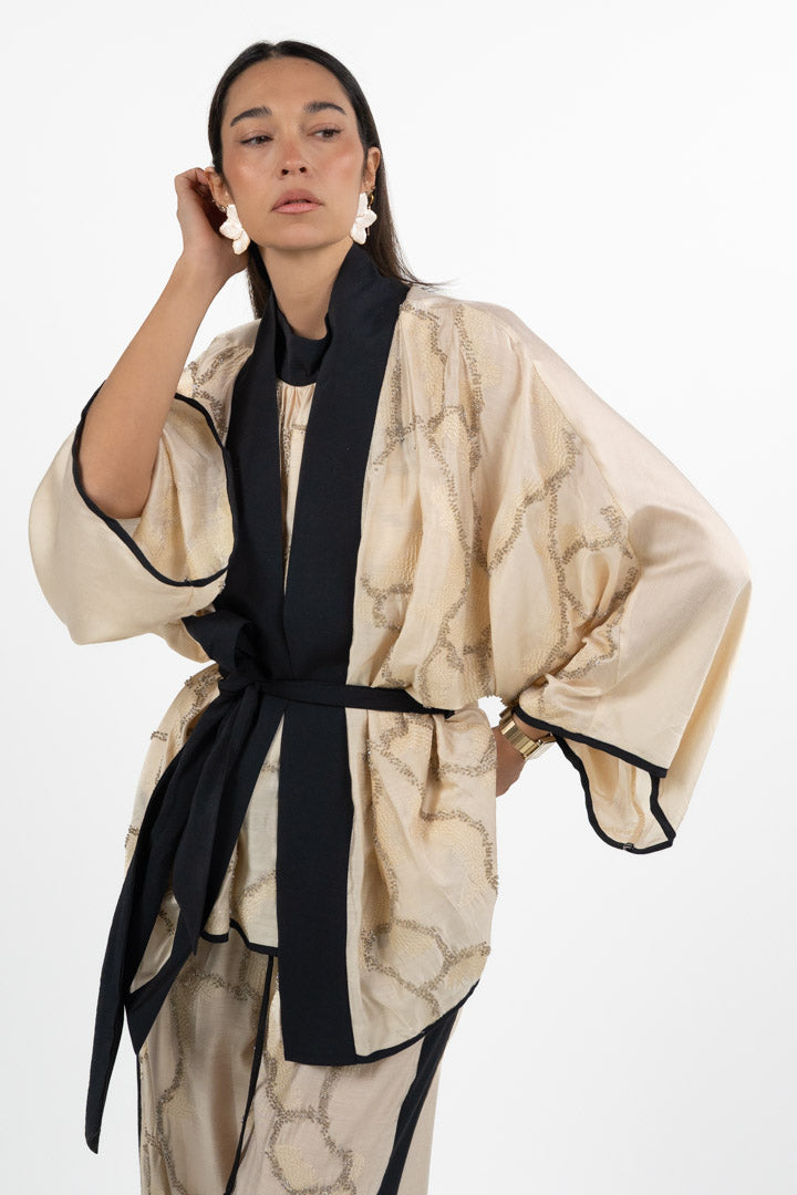 Kimono con Ricami e Cintura - Champagne/Nero - Souvenir