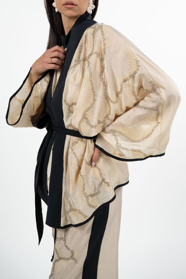 Kimono con Ricami e Cintura - Champagne/Nero - Souvenir