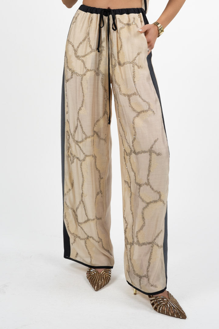 Pantalone Palazzo con Ricami e Banda Laterale – Champagne/Nero - Souvenir