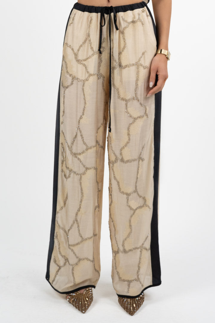 Pantalone Palazzo con Ricami e Banda Laterale – Champagne/Nero - Souvenir