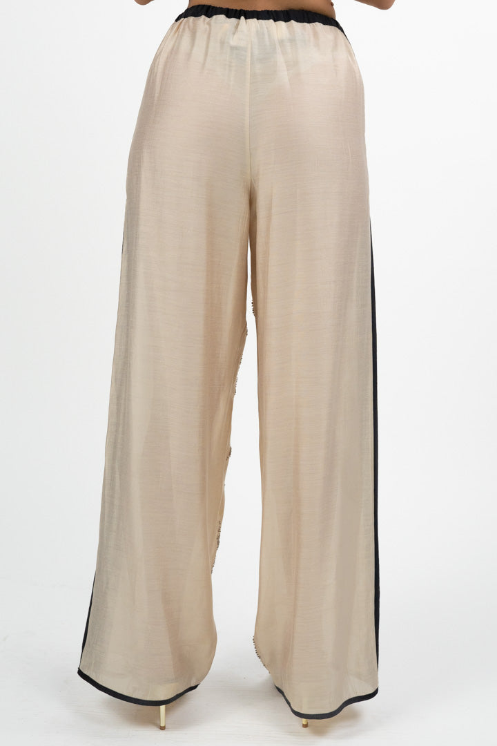 Pantalone Palazzo con Ricami e Banda Laterale – Champagne/Nero - Souvenir