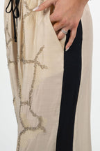 Pantalone Palazzo con Ricami e Banda Laterale – Champagne/Nero - Souvenir