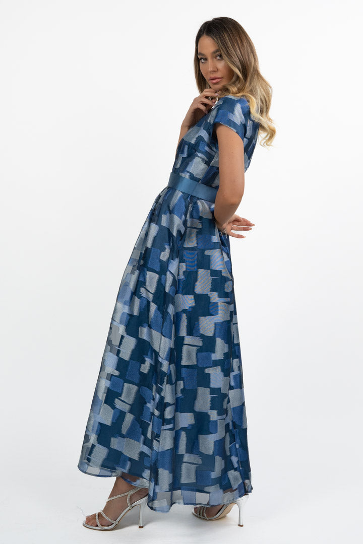 Abito Lungo in Organza Jacquard blu - Berti Mode Collection