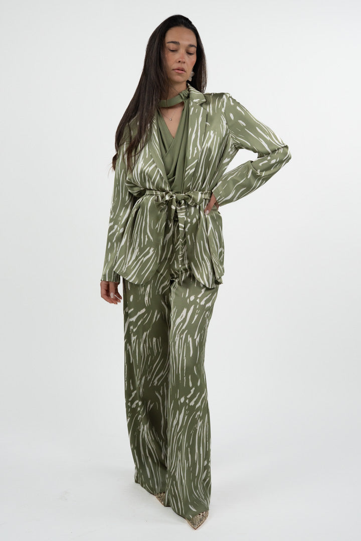 Giacca Kimono Satin con Stampa Astratta - Verde Salvia - Penny Black