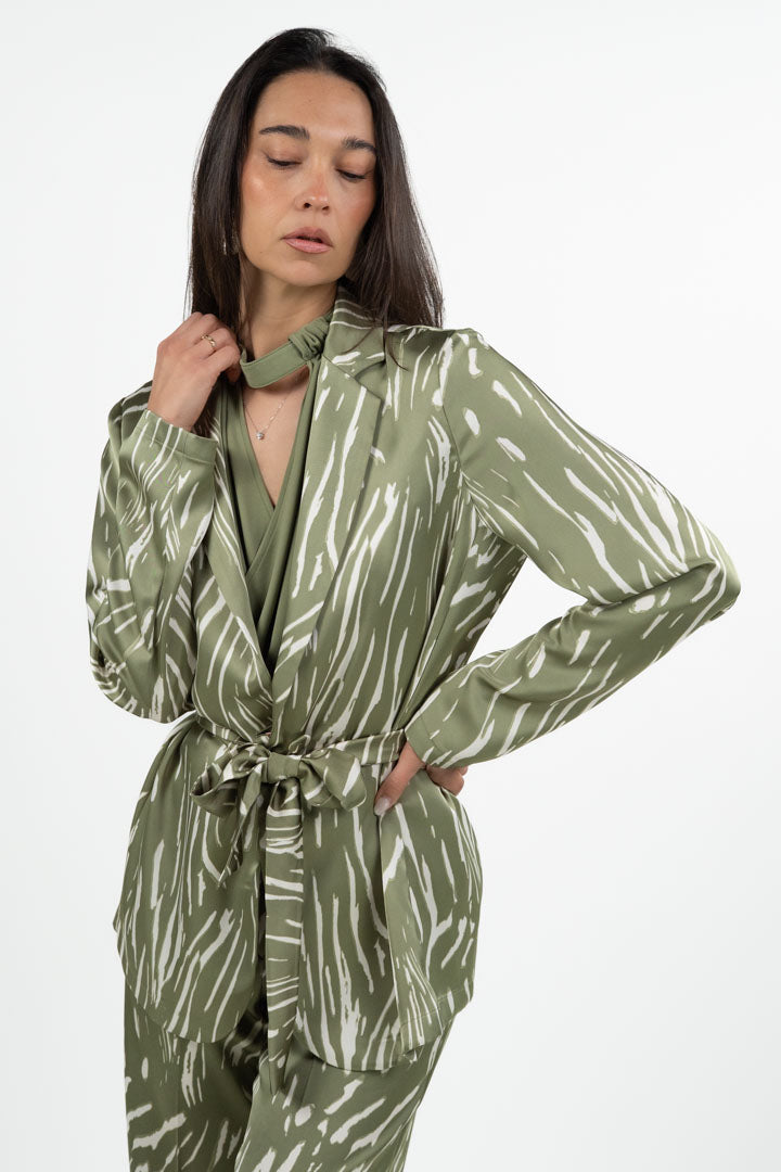 Giacca Kimono Satin con Stampa Astratta - Verde Salvia - Penny Black