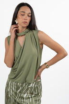 Top Smanicato Drappeggiato con Scollo Cut-Out - Verde Oliva - Penny Black