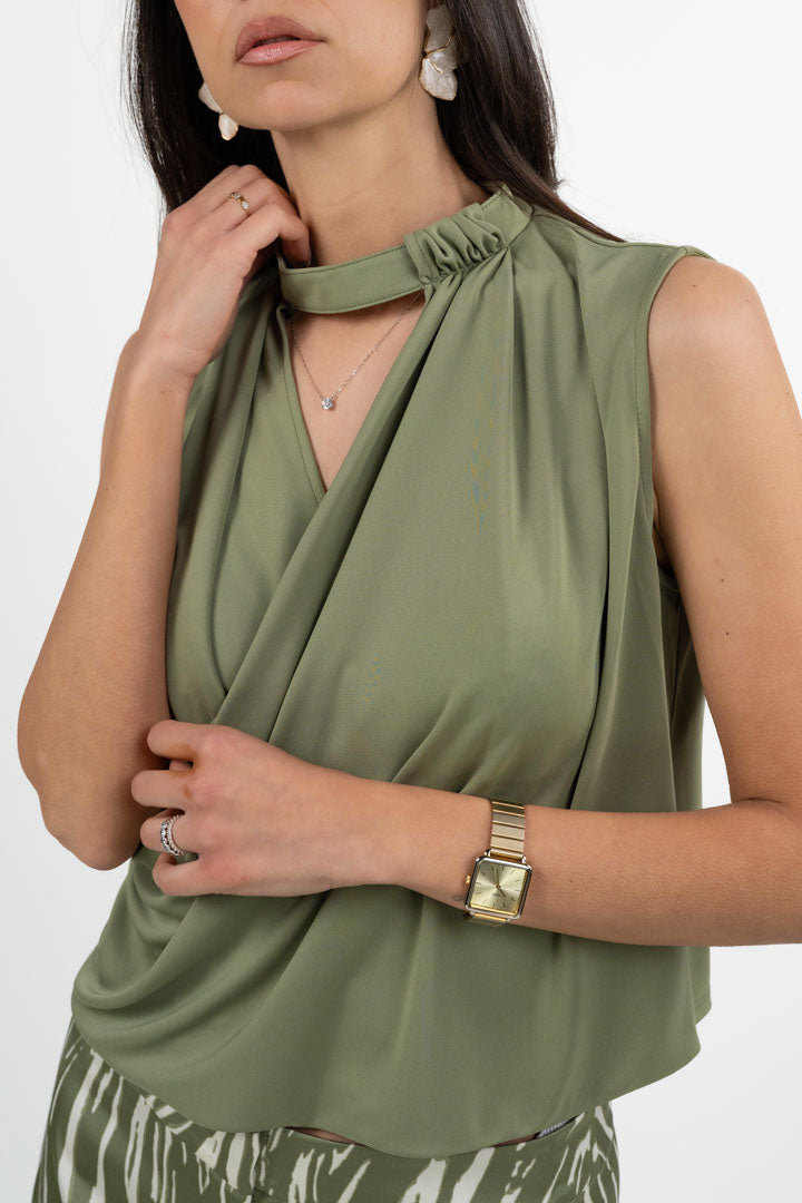 Top Smanicato Drappeggiato con Scollo Cut-Out - Verde Oliva - Penny Black