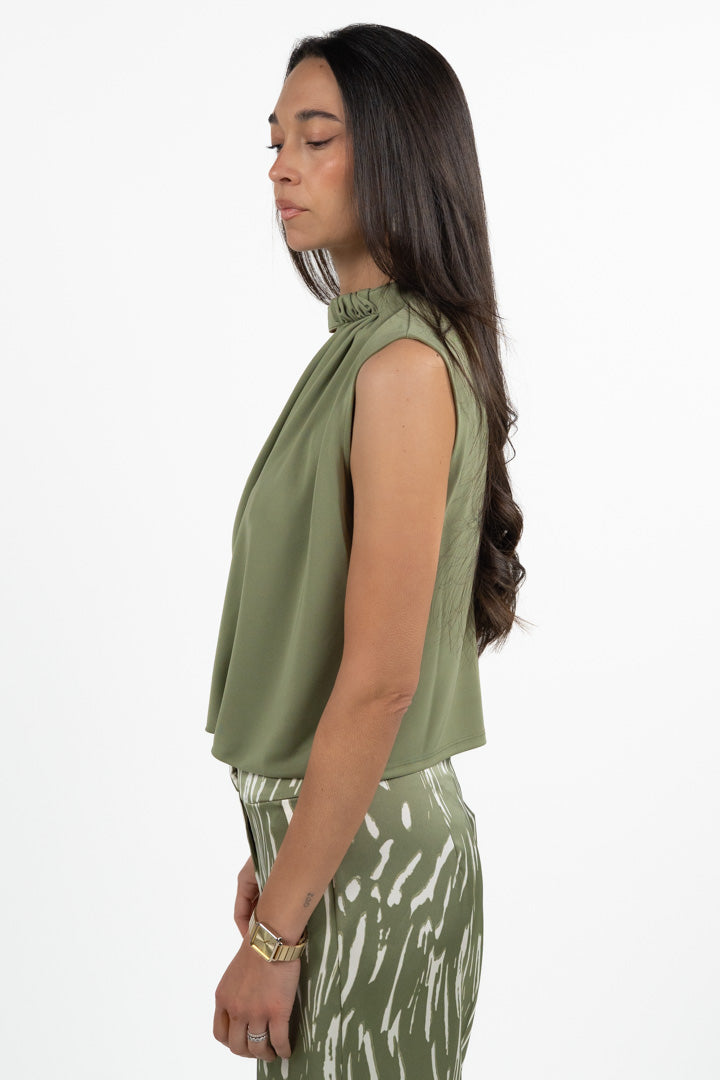 Top Smanicato Drappeggiato con Scollo Cut-Out - Verde Oliva - Penny Black