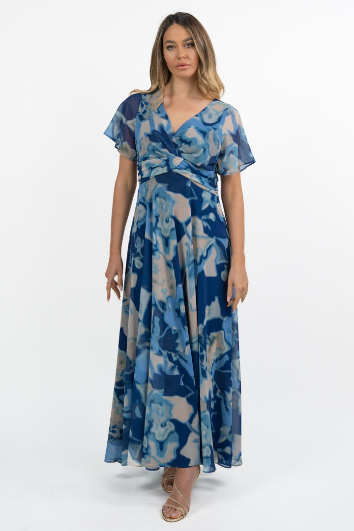 Abito Lungo in Chiffon con Stampa Floreale blu - Berti Mode Collection