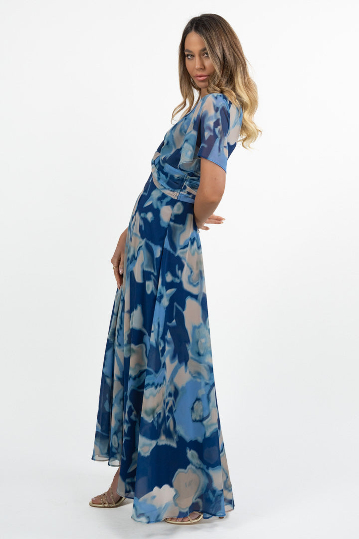 Abito Lungo in Chiffon con Stampa Floreale blu - Berti Mode Collection
