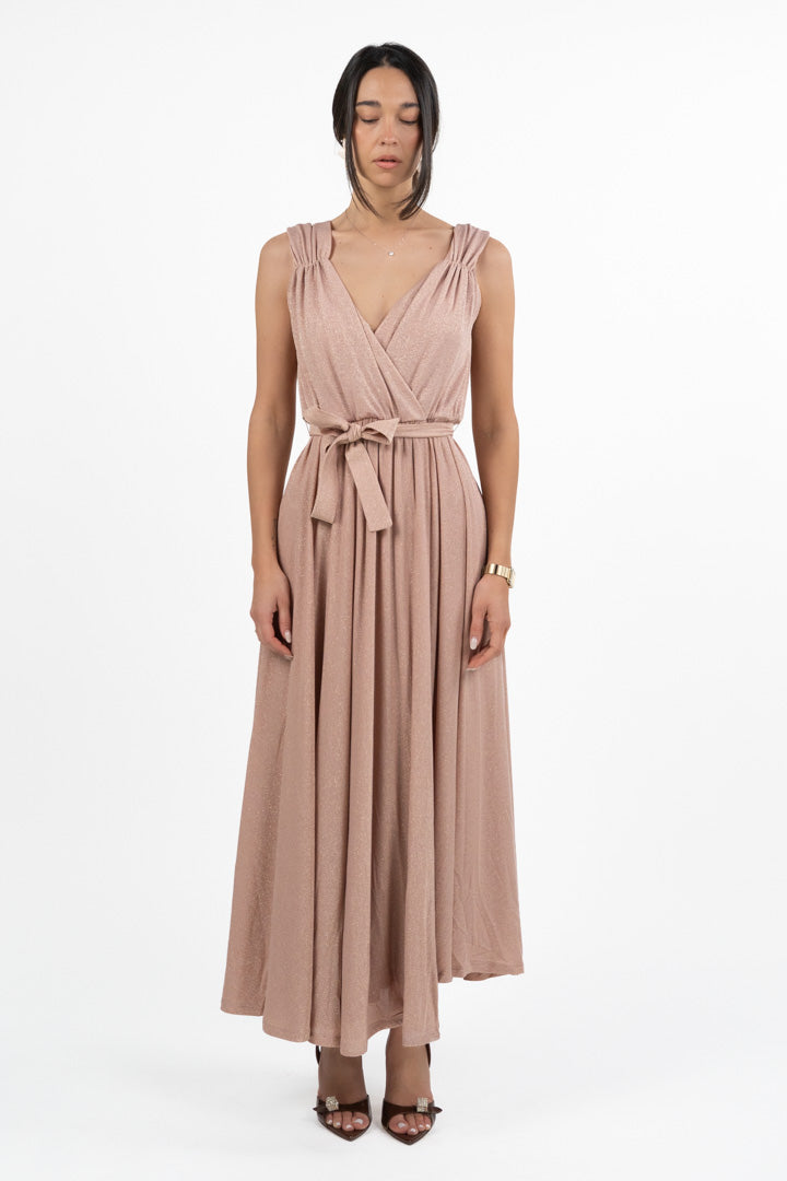 Abito Lungo in lurex rosa con Scollo a V e Cintura - Emme Marella