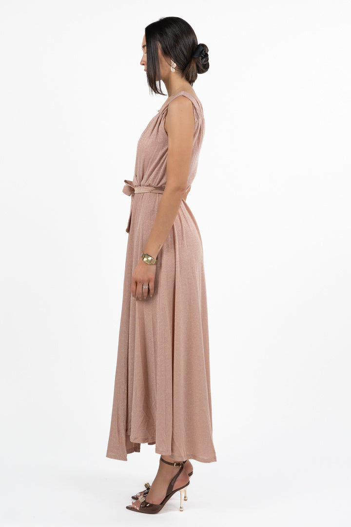 Abito Lungo in lurex rosa con Scollo a V e Cintura - Emme Marella