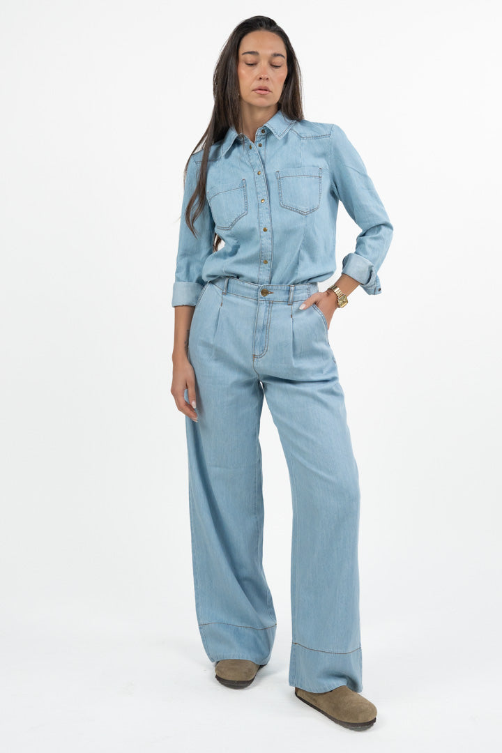 Pantalone in Denim Gamba Larga - Lavaggio Chiaro - Penny Black